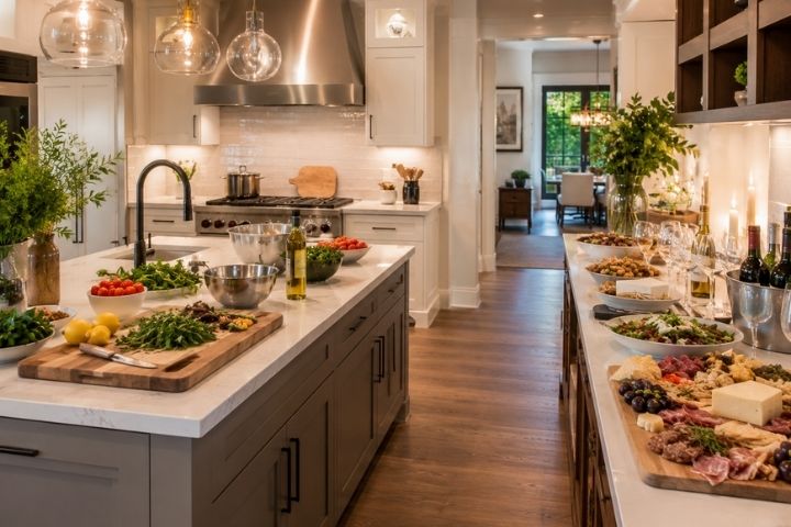 Modern kitchen featuring a central island and buffet tables illustrating open kitchen design. Modern kitchen featuring a central island and buffet tables illustrating open kitchen design.