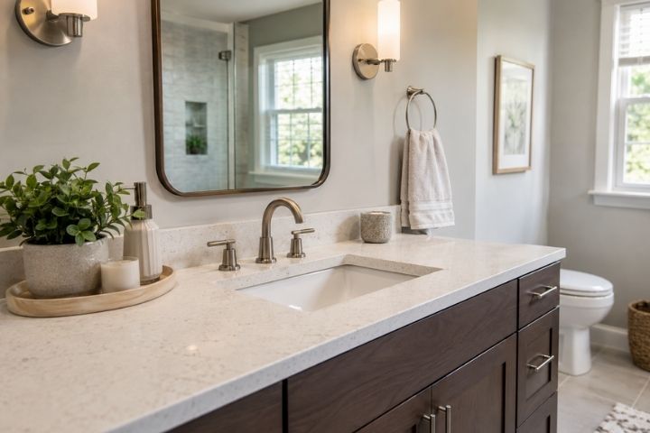 A modern bathroom featuring a marble double-sink vanity and wall sconces updated by a bathroom remodel near me. A modern bathroom featuring a marble double-sink vanity and wall sconces updated by a bathroom remodel near me.