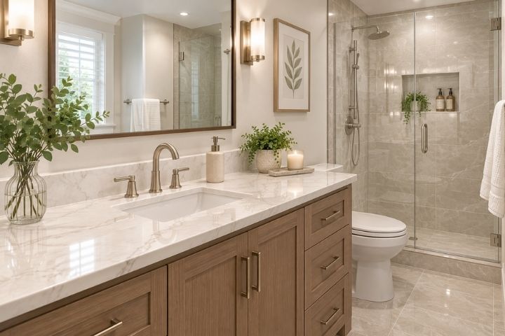 A bright modern bathroom with custom wood cabinetry and a glass shower created through a bathroom remodel near me. A bright modern bathroom with custom wood cabinetry and a glass shower created through a bathroom remodel near me.
