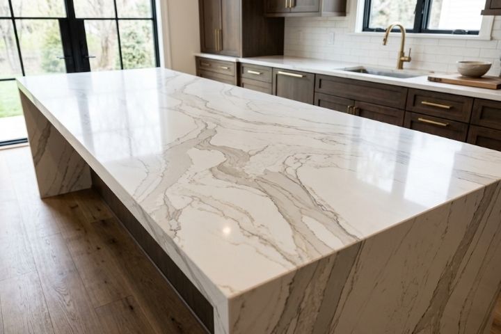 A kitchen island finished in a pale marble-look design with broad gray veining, showcasing one of the most requested quartz countertop colors. A kitchen island finished in a pale marble-look design with broad gray veining, showcasing one of the most requested quartz countertop colors.