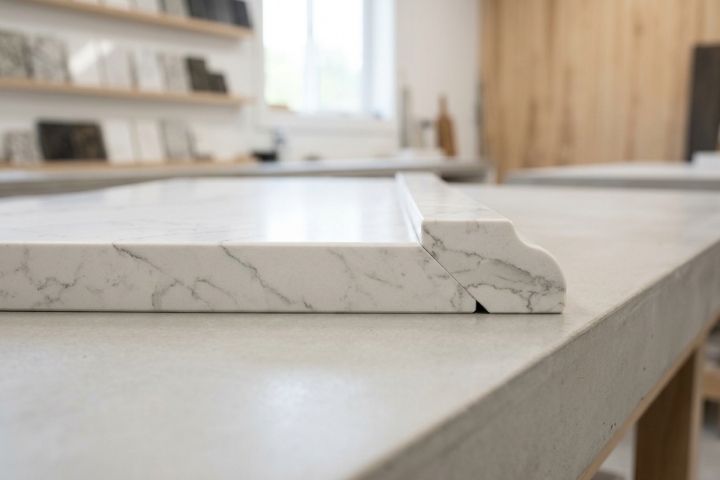 A design professional comparing a quartz sample with the main slab thickness to review countertop edge profiles. A design professional comparing a quartz sample with the main slab thickness to review countertop edge profiles.