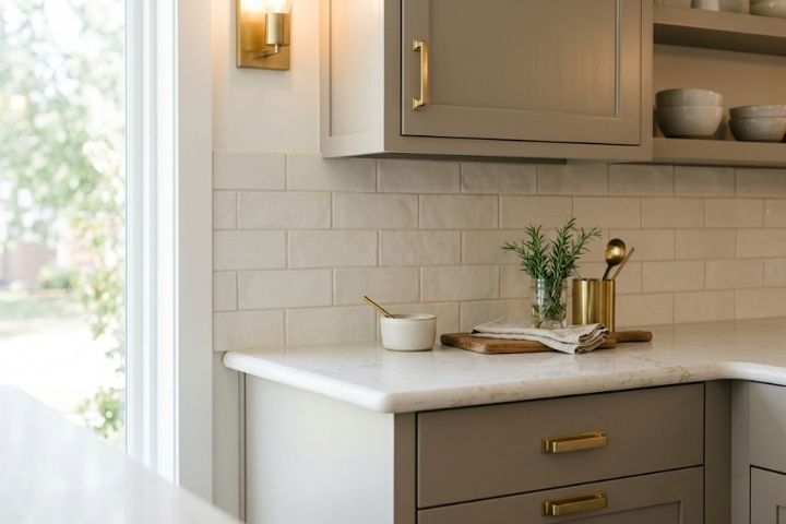 A neutral kitchen backsplash coordinating with quartz countertops, custom cabinet finishes, and brass hardware. A neutral kitchen backsplash coordinating with quartz countertops, custom cabinet finishes, and brass hardware.