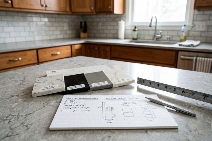 Measurement plans, color swatches, and drafting tools set up on a counter to guide countertop resurfacing. Measurement plans, color swatches, and drafting tools set up on a counter to guide countertop resurfacing.