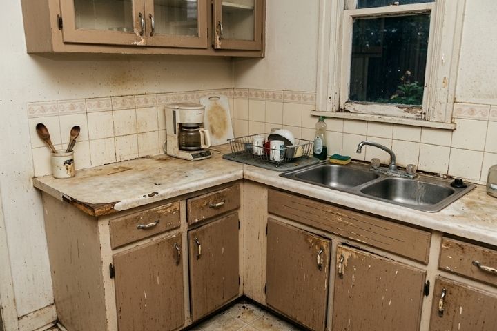 A heavily used kitchen work area with worn countertops and cabinets showing how delays increase kitchen remodel cost. A heavily used kitchen work area with worn countertops and cabinets showing how delays increase kitchen remodel cost.