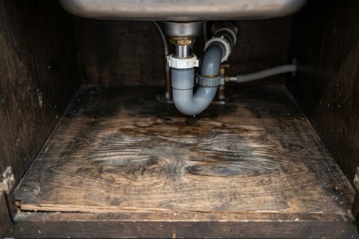 Mild water damage under a kitchen sink showing hidden issues that add to the kitchen remodel cost over time. Mild water damage under a kitchen sink showing hidden issues that add to the kitchen remodel cost over time.
