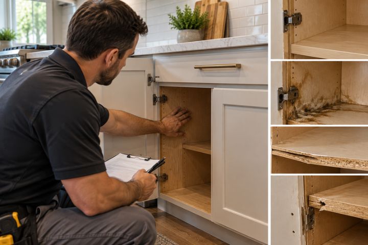 A remodeling professional inspecting a cabinet box for structural wear and water damage before starting cabinet refacing.