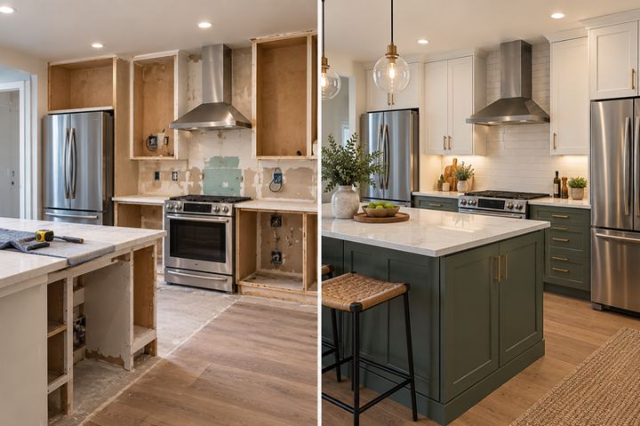 A kitchen renovation showing how surrounding countertops, flooring, and appliances align with cabinet refacing.