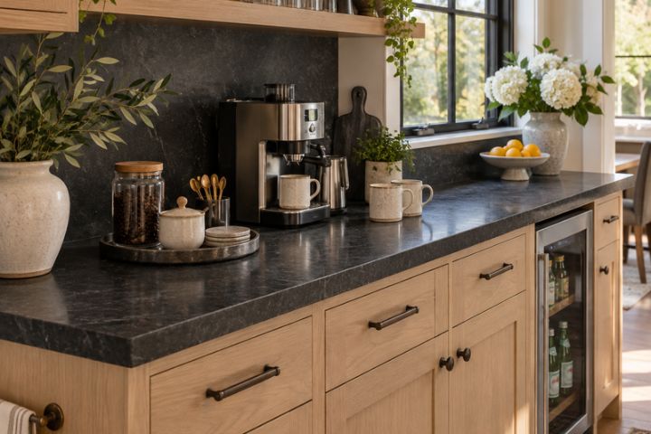 A compact beverage station featuring light wood cabinetry topped with a mottled charcoal surface, highlighting darker quartz countertop colors. A compact beverage station featuring light wood cabinetry topped with a mottled charcoal surface, highlighting darker quartz countertop colors.