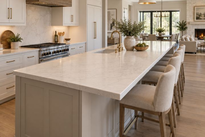 A long quartz kitchen island featuring a seamless finish along the seating overhang to showcase countertop edge profiles. A long quartz kitchen island featuring a seamless finish along the seating overhang to showcase countertop edge profiles.