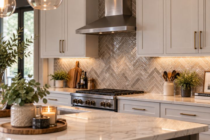 A modern kitchen backsplash tying together warm cabinetry, quartz countertops, and metal hardware. A modern kitchen backsplash tying together warm cabinetry, quartz countertops, and metal hardware.