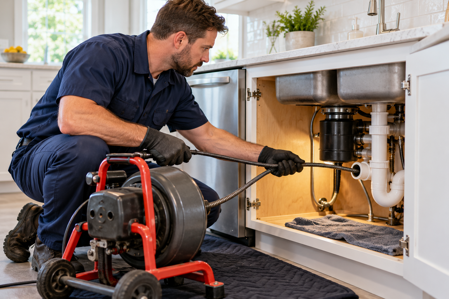 Plumber clearing a clogged residential drain