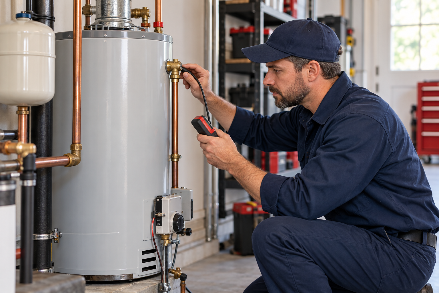 Plumber servicing a residential water heater