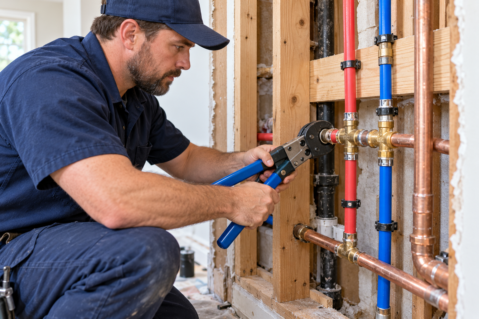 Plumber repairing residential piping under a sink