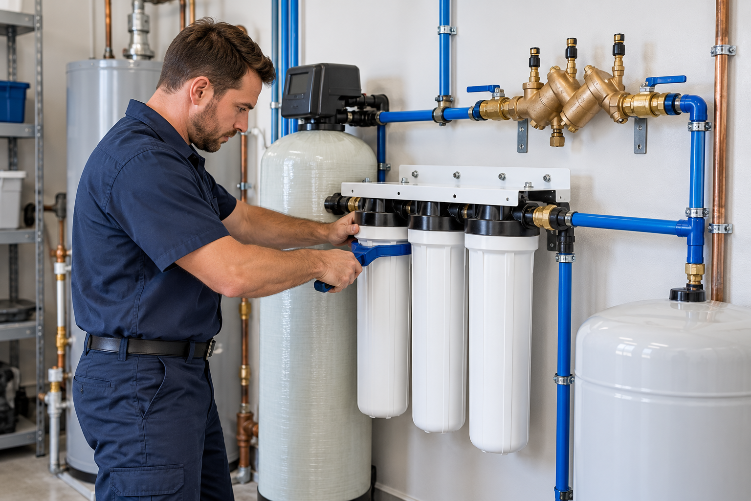 Plumber installing a water filtration system