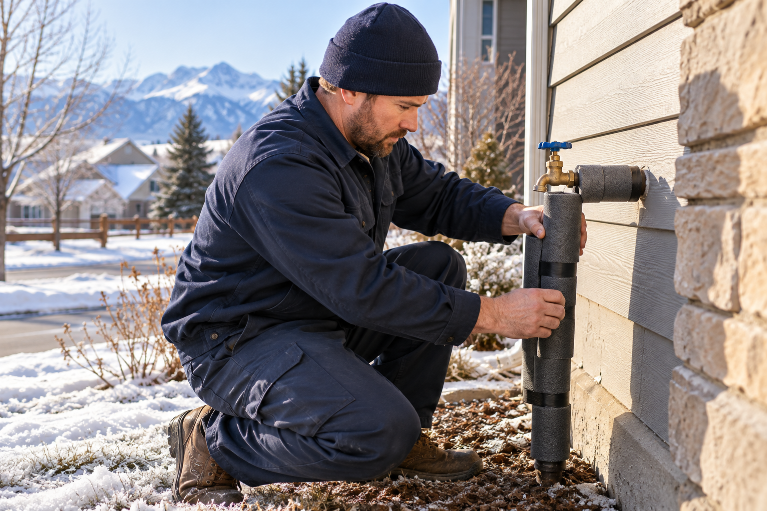 Plumber winterizing exterior faucets for cold weather