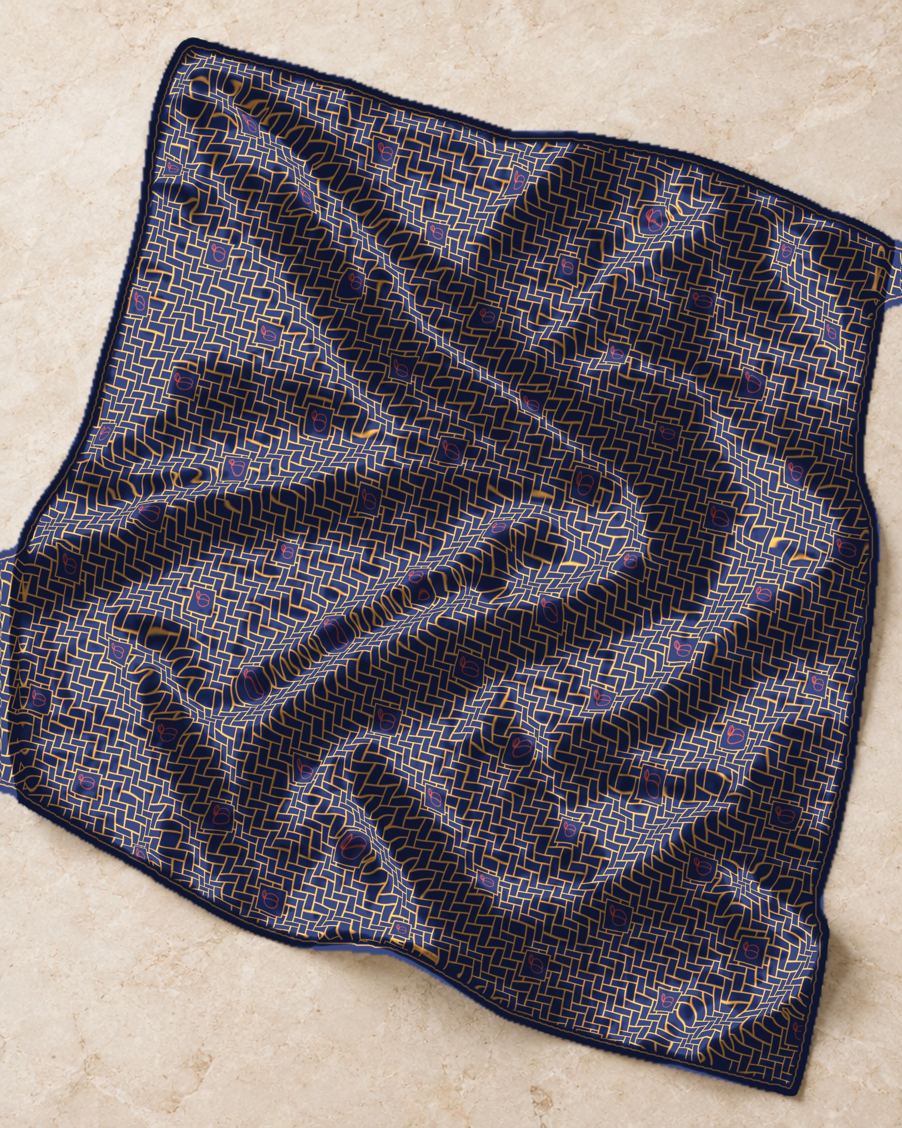 Peachtree silk scarf in Navy / Amber / Peach Red