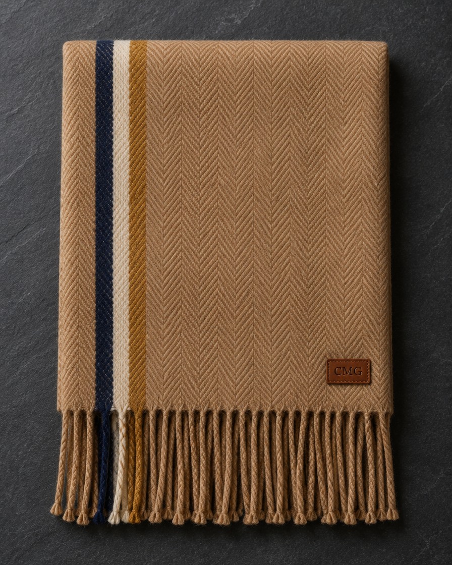Cashmere Herringbone Scarf, Camel