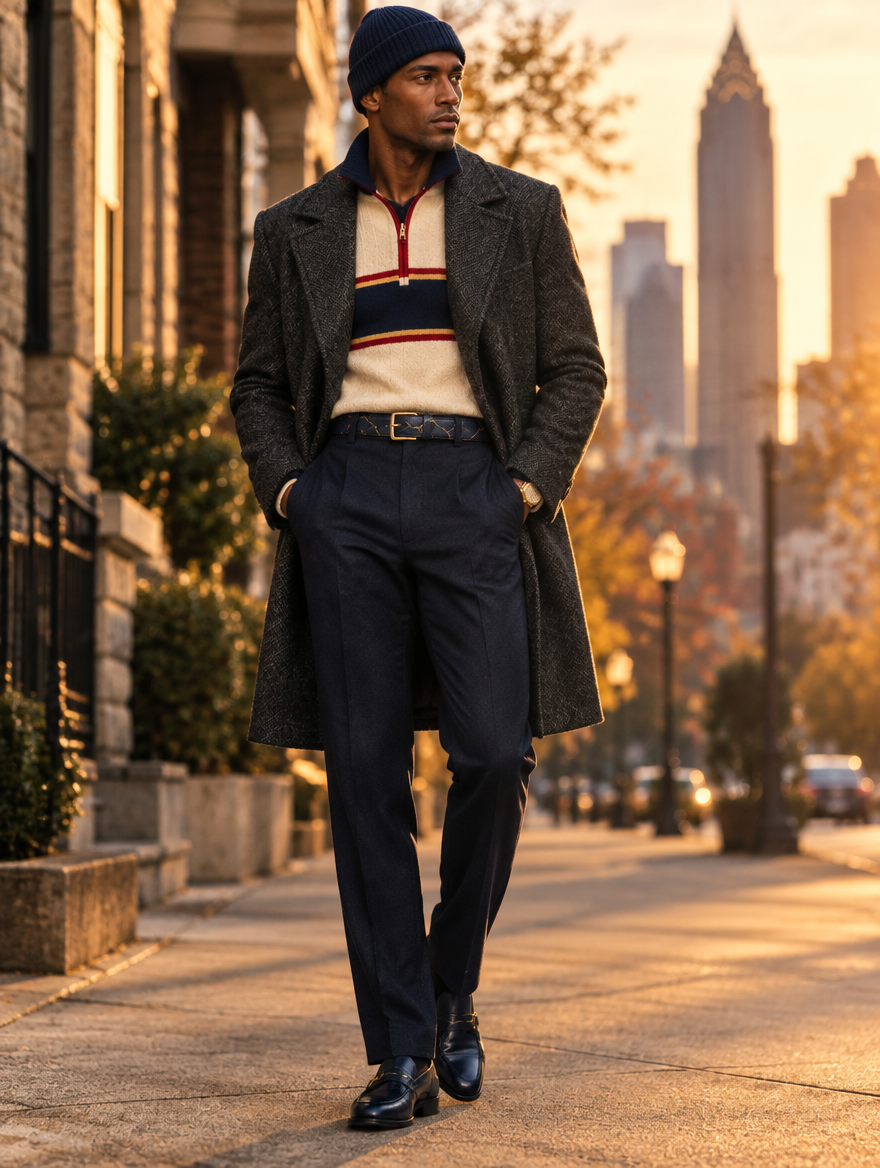 Half-Zip and Overcoat Outdoors