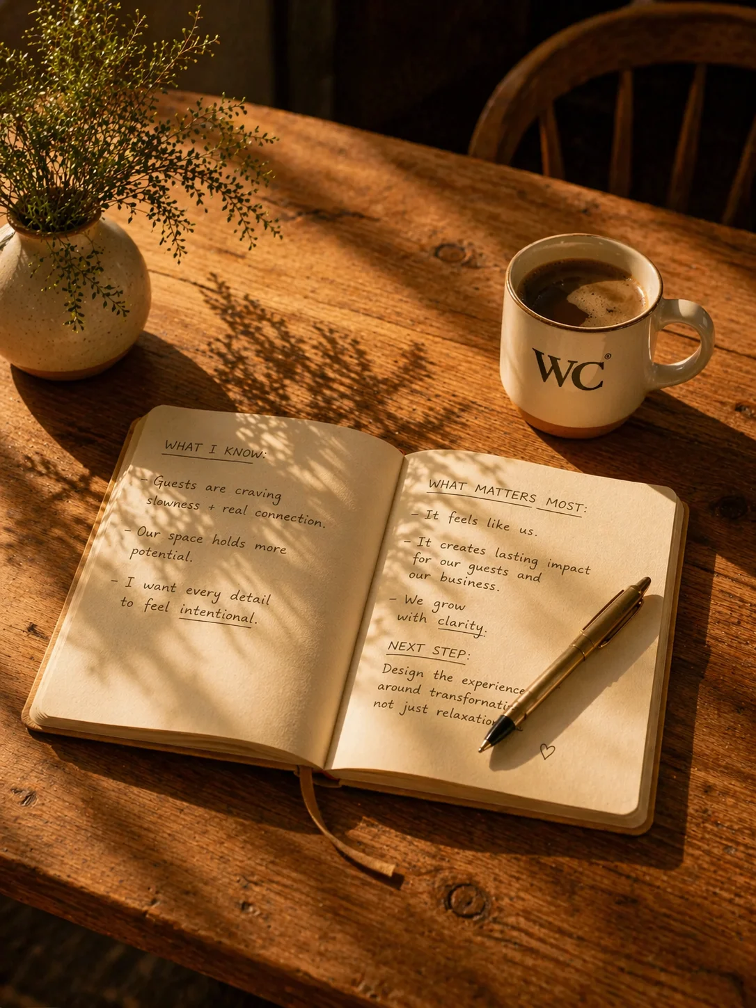 Open notebook and WC coffee mug on a warm wooden desk — the Wondering Concierge brand audit process for boutique hospitality brands