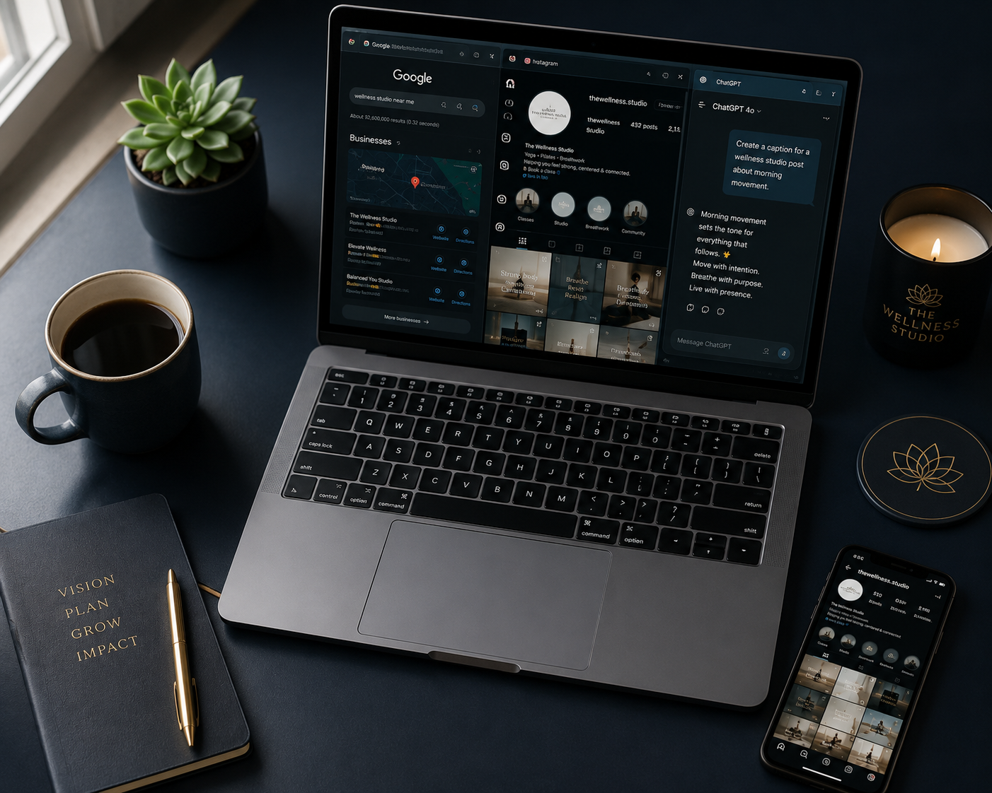 Wellness studio owner's workspace showing a MacBook with Google Maps, an Instagram business profile, and a ChatGPT window open simultaneously, illustrating what it looks like to be found across every platform your clients search