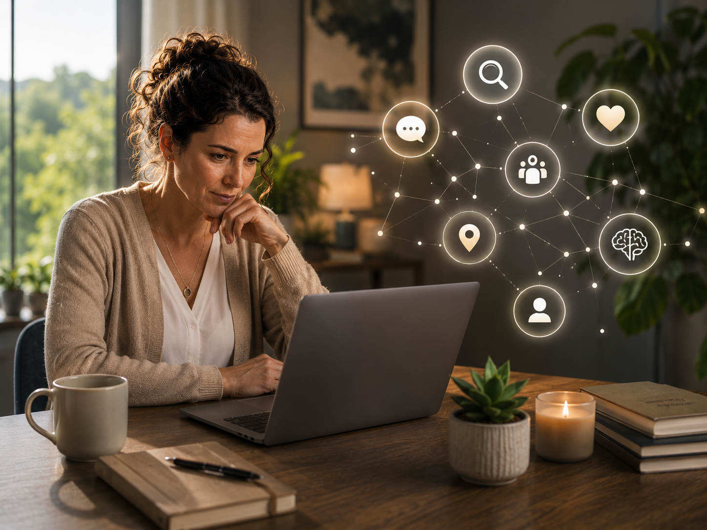 A therapist or coach working on a laptop in a warm, calming home office surrounded by plants and candles, with glowing digital connection icons representing online visibility, trust, communication, and mental health support. A therapist or coach working on a laptop in a warm, calming home office surrounded by plants and candles, with glowing digital connection icons representing online visibility, trust, communication, and mental health support.