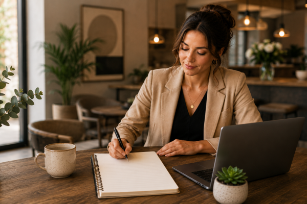 A business professional writing in a notebook while working at a laptop in a warm, modern workspace with natural light and plants, representing brand strategy and content planning.