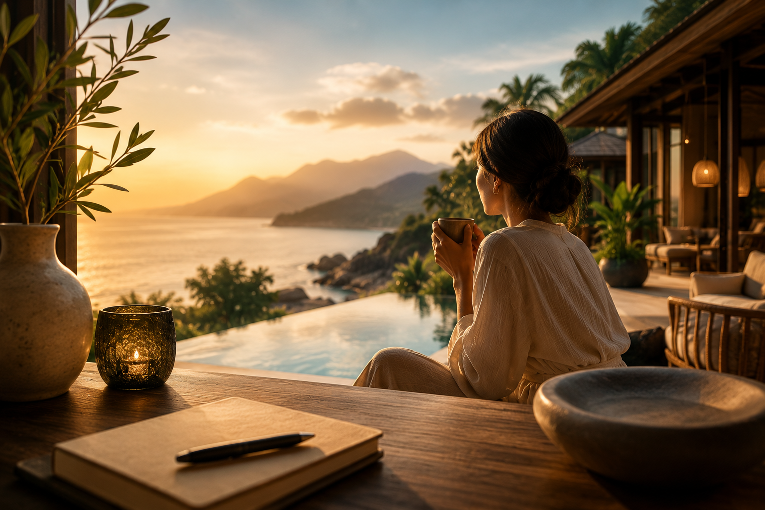 Guest enjoying a peaceful sunset from the terrace of a luxury coastal resort, overlooking the ocean and mountains. A notebook, coffee cup, candle, and natural décor create a warm, reflective atmosphere that conveys thoughtful hospitality, memorable guest experiences, and the emotional connection a strong hospitality brand creates before guests even arrive..