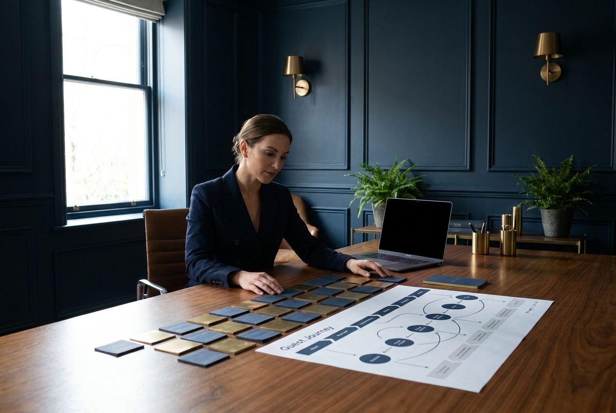 A hotel marketing team mapping the guest journey across stages on a wall of connected notes, representing how properties turn guest insight into clearer website messaging.