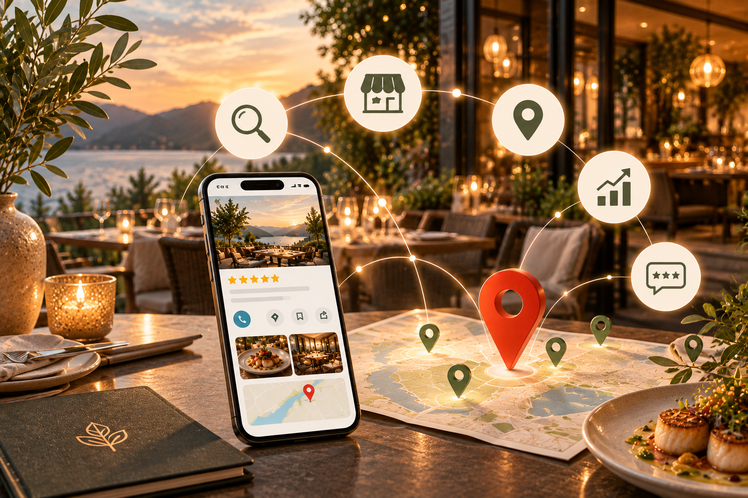A phone showing a local business profile with reviews and a map, surrounded by search, location, review and growth icons