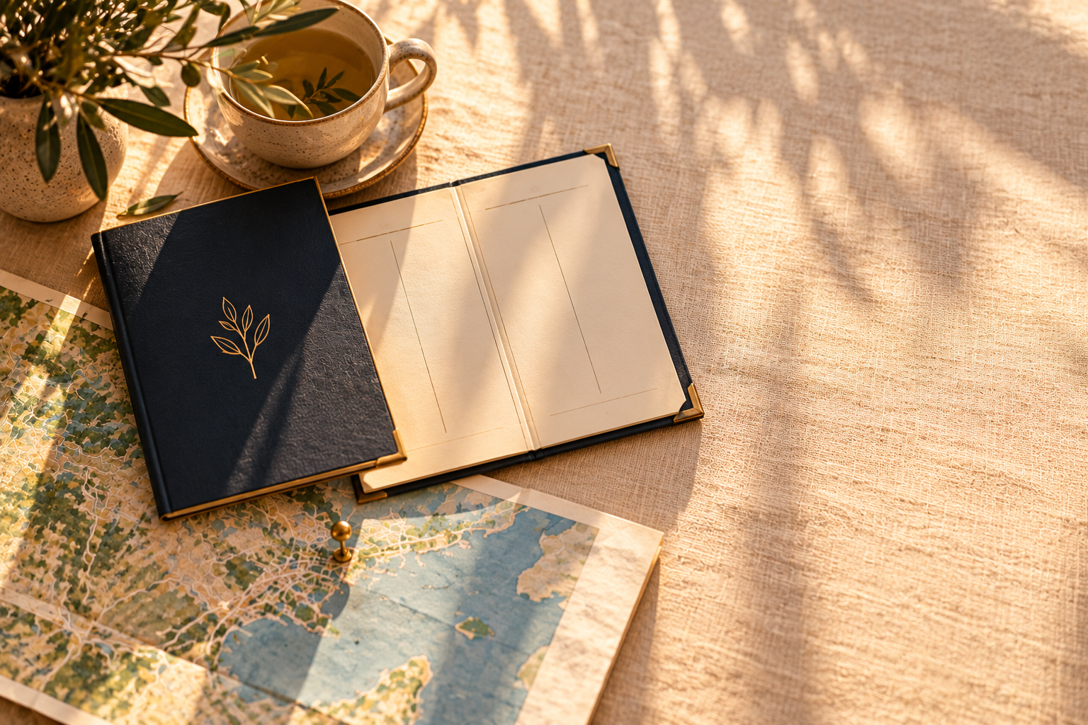 A navy and brass spa treatment menu, a folded town map, a cup of tea and an olive sprig on a cream linen table in warm window light