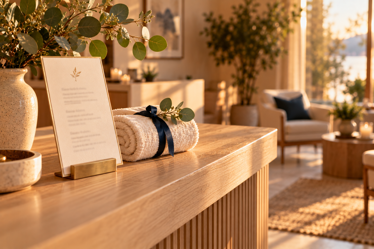 A wellness clinic reception counter in warm afternoon light with a cream card in a brass holder, a rolled towel tied with navy ribbon and a linen armchair in the waiting area