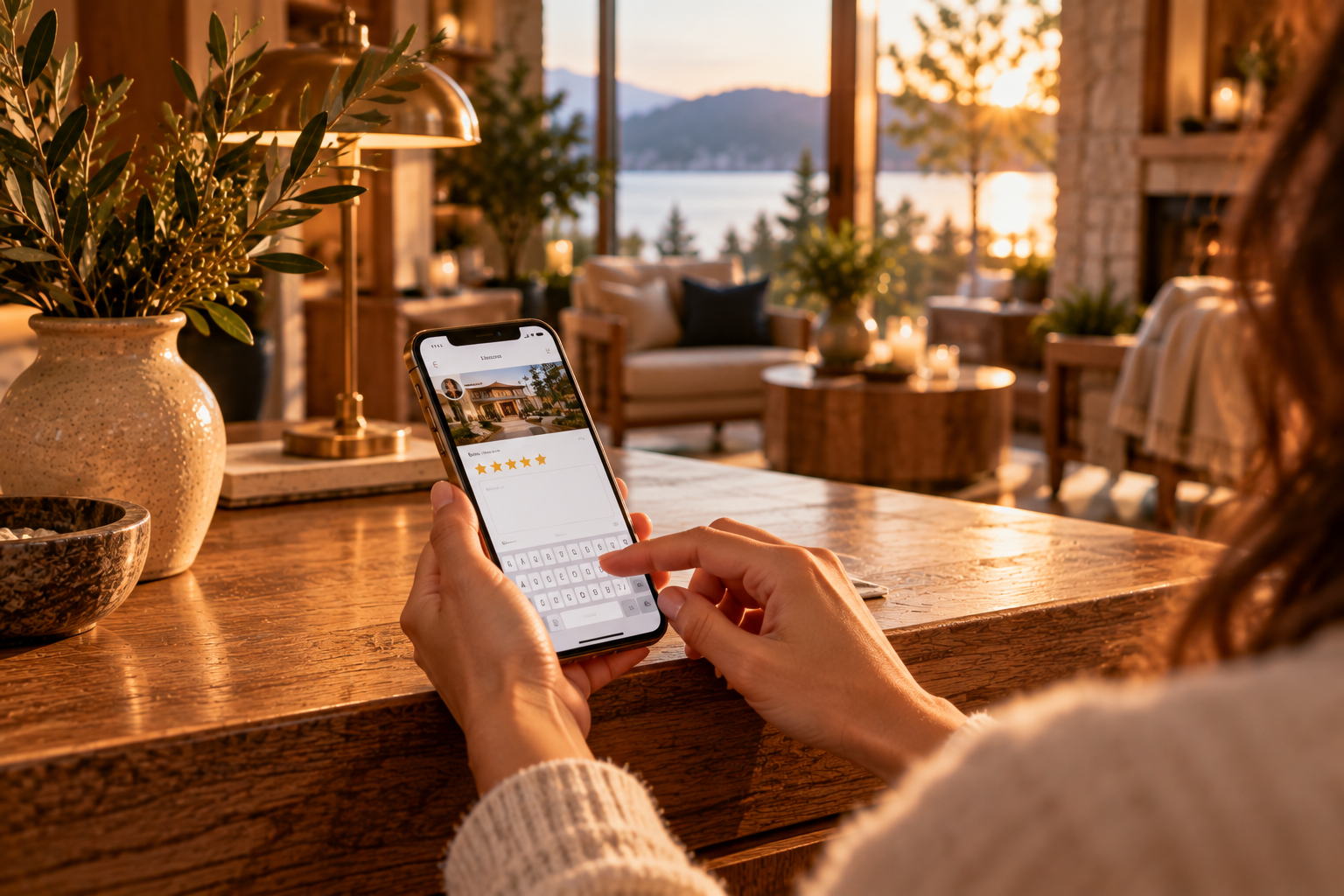 A guest leaving a five-star review on her phone at the wooden front desk of a lakeside boutique lodge at golden hour, with an olive branch in a cream vase beside her