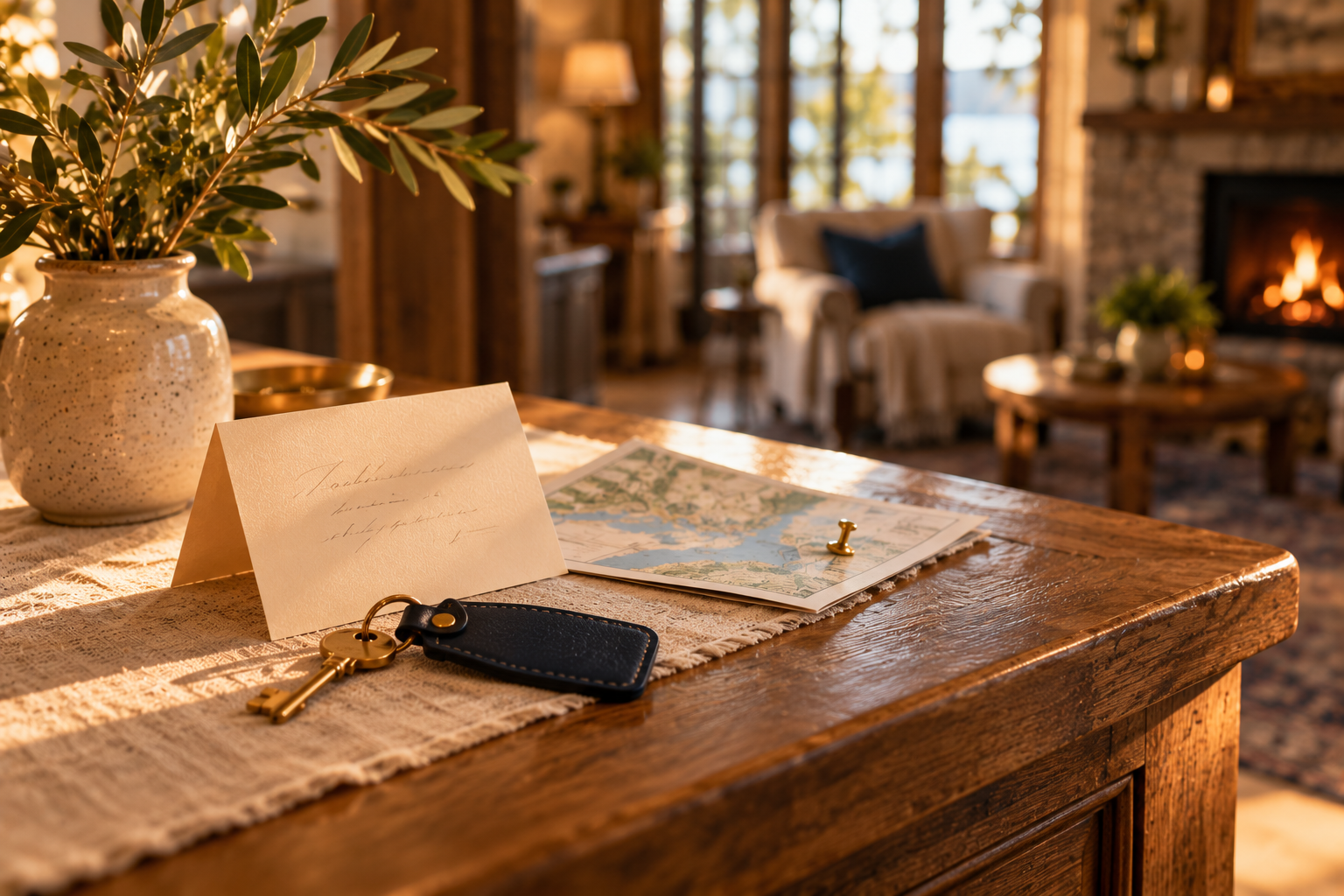 A boutique inn front desk in warm afternoon light with a brass room key on a navy leather fob, a handwritten welcome card and a local map marked with a brass pin