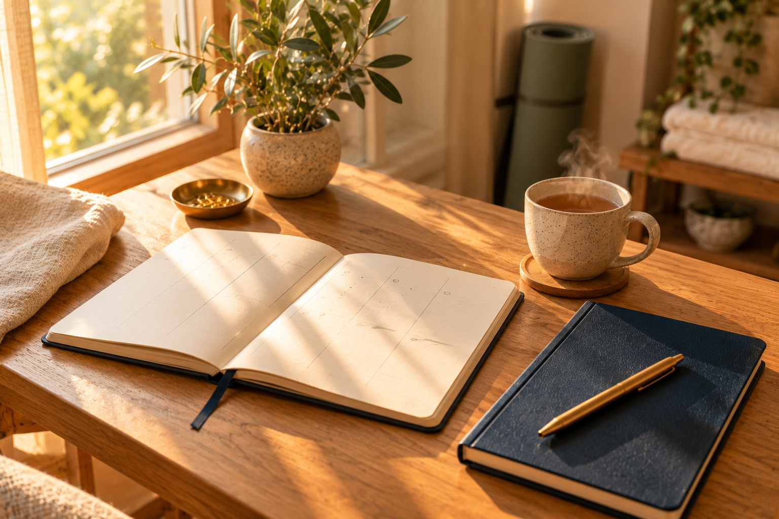 Wooden desk by a sunny window with an open paper planner, a navy notebook, a brass pen and a cup of tea beside a small potted plant