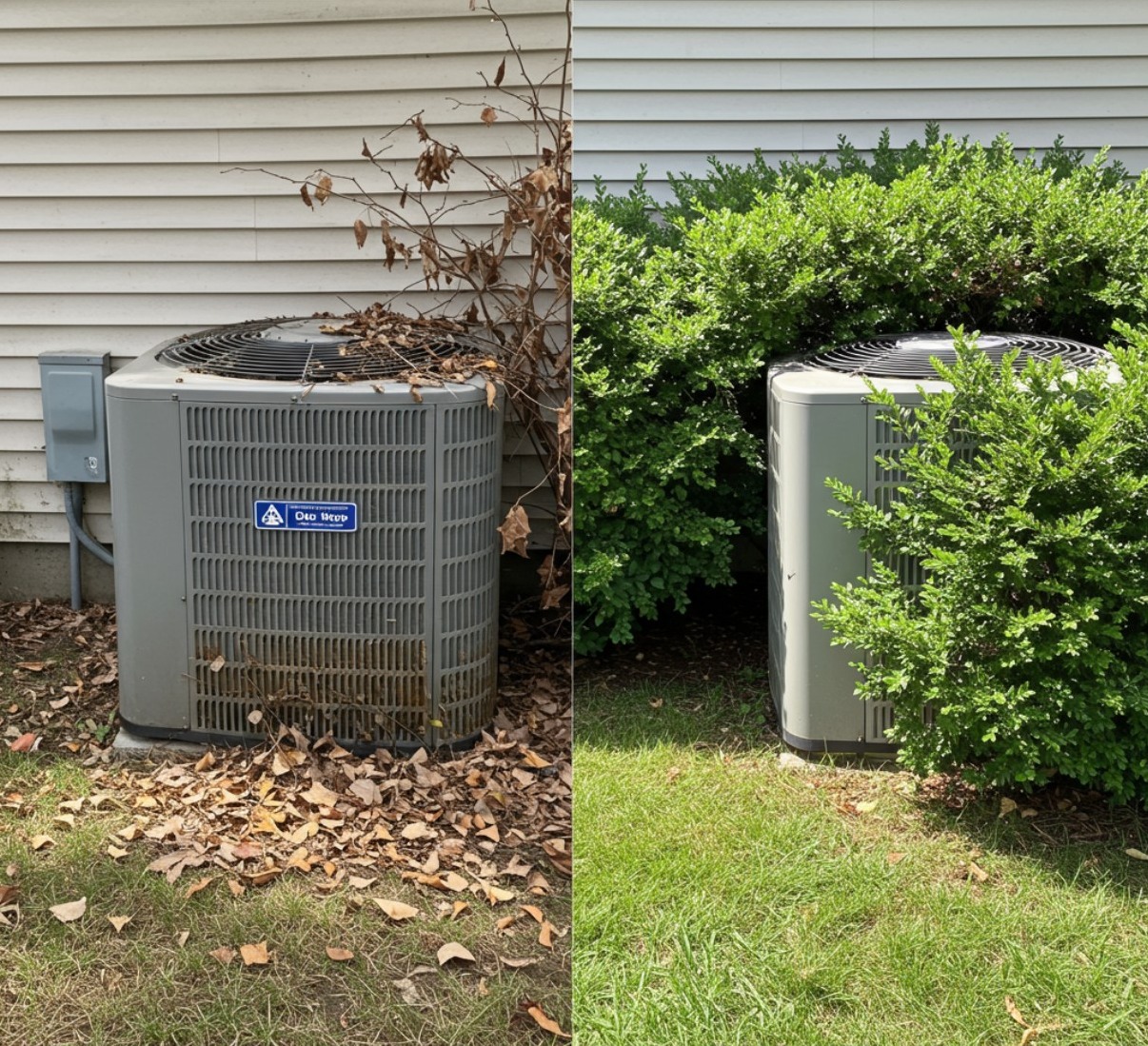 Before-and-after split image of an outdoor condenser unit Before-and-after split image of an outdoor condenser unit