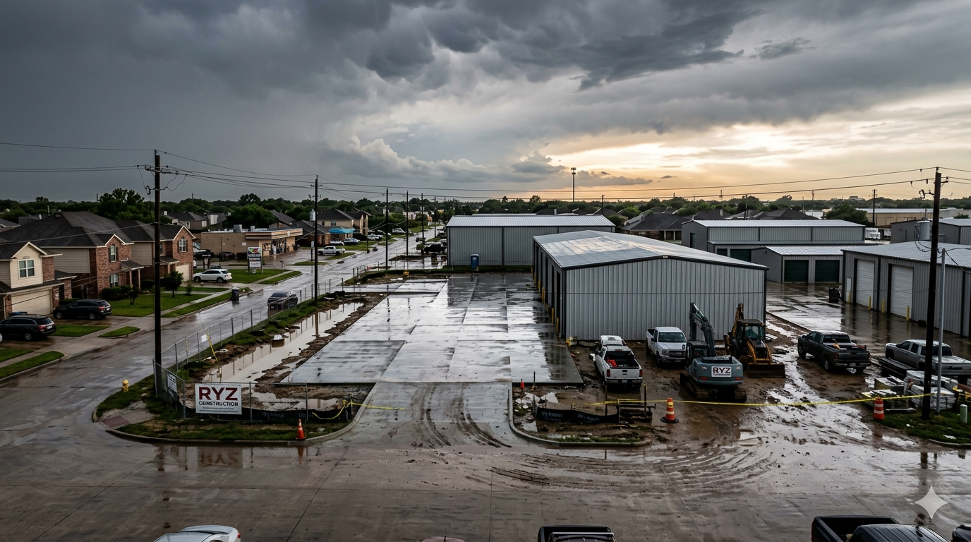 “Wide cinematic view of a Texas residential and commercial mixed area after heavy rain, wet concrete slabs, metal buildings reflecting cloudy sky, puddles along construction site edges, dramatic clearing storm clouds, realistic construction-focused weather impact scene, high detail, professional construction photography style, 16:9 composition, RYZ Construction brand tone”