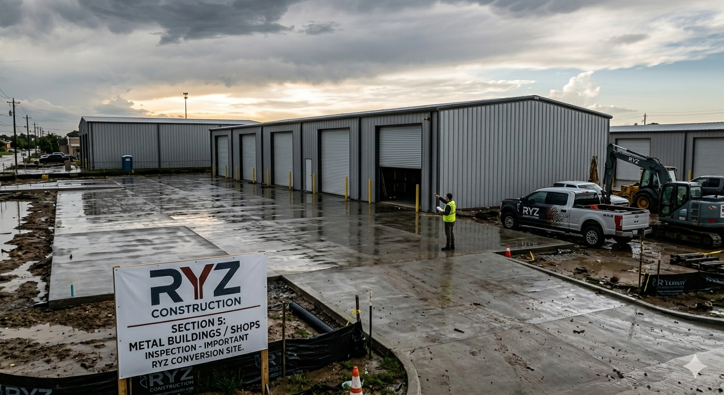 “Modern Texas metal building workshop after heavy rainfall, contractor inspecting roof seams and roll-up doors, wet concrete slab with slight pooling near edges, drainage channels visible, industrial construction environment, realistic cinematic lighting, high detail, professional inspection scene”