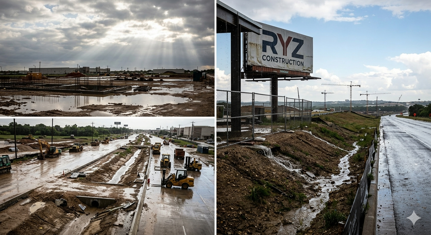 “Texas construction zones under clearing storm conditions, rain tapering off over job sites, workers absent, wet ground, partially cloudy sky breaking sunlight, visible drainage systems in use, realistic industrial construction environment, documentary style”