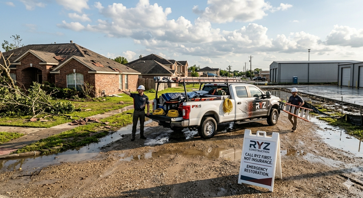 “Texas construction company emergency response scene, RYZ Construction truck parked near storm-damaged property, wet ground drying, subtle urgency but professional restoration vibe, metal buildings in background, clean branded construction aesthetic, cinematic realism”