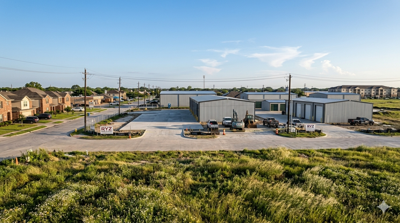 “Clear Texas landscape with construction sites drying after storm, metal buildings and homes under bright blue sky, light wind moving grass, clean and safe job site conditions, warm sunlight after rain, realistic construction photography, hopeful atmosphere”