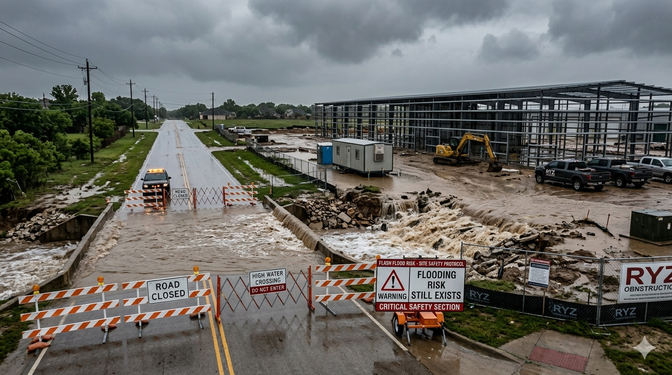 “Low-water crossing near Texas construction site with fast-moving floodwater, caution barriers, warning signage, muddy runoff near road and adjacent metal building foundation, realistic emergency safety construction scene, overcast lighting, high detail”