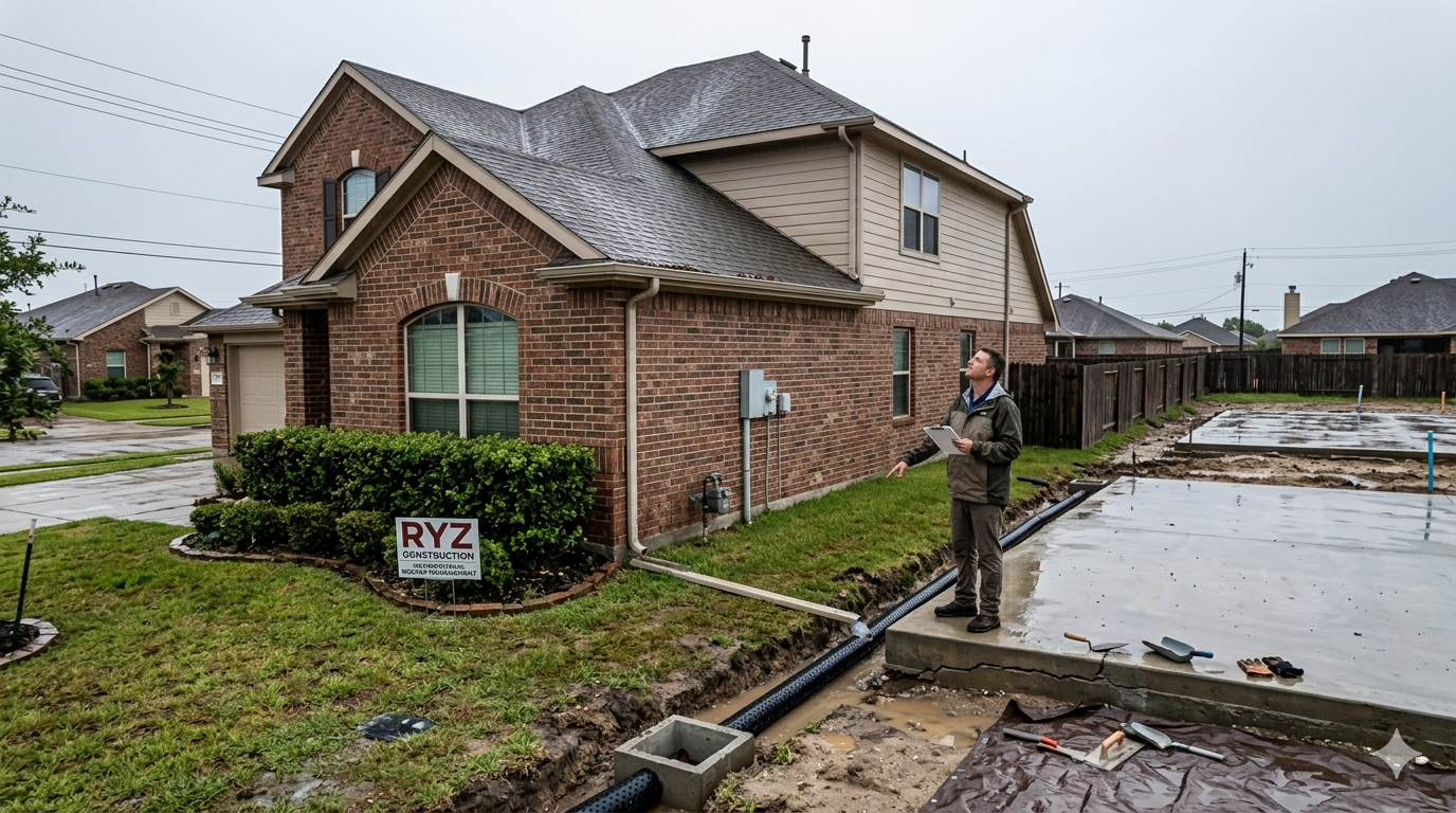 “Texas suburban home after storm, homeowner inspecting gutters and foundation slab, wet yard, visible drainage lines, subtle construction maintenance focus, realistic photography style, calm overcast morning light, detailed textures”