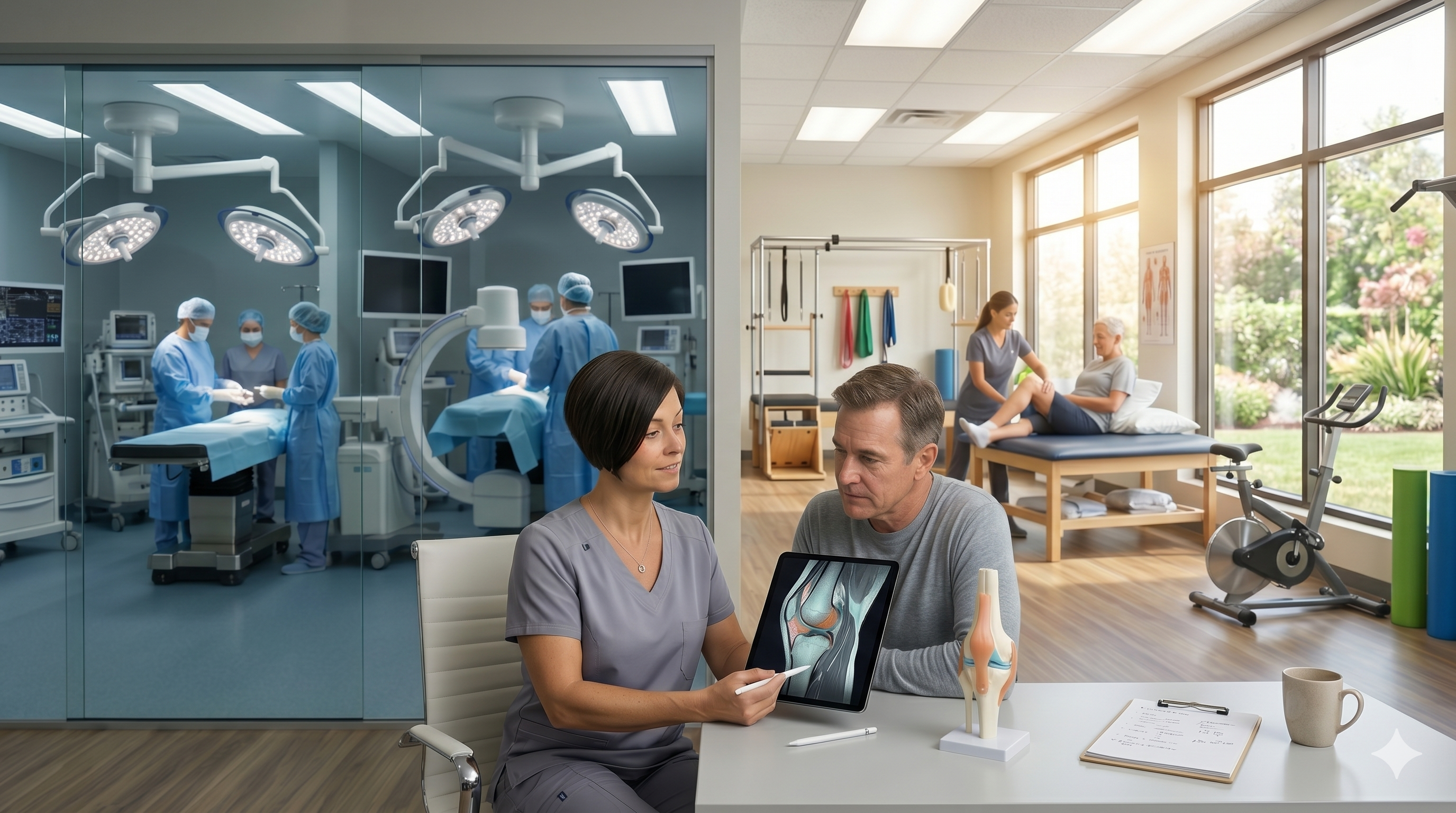 Orthopedic doctor consulting with a patient in a modern clinic while reviewing knee imaging on a digital tablet, illustrating knee pain treatment options including surgery and non-surgical therapies such as physical rehabilitation, in a clean, professional medical setting.