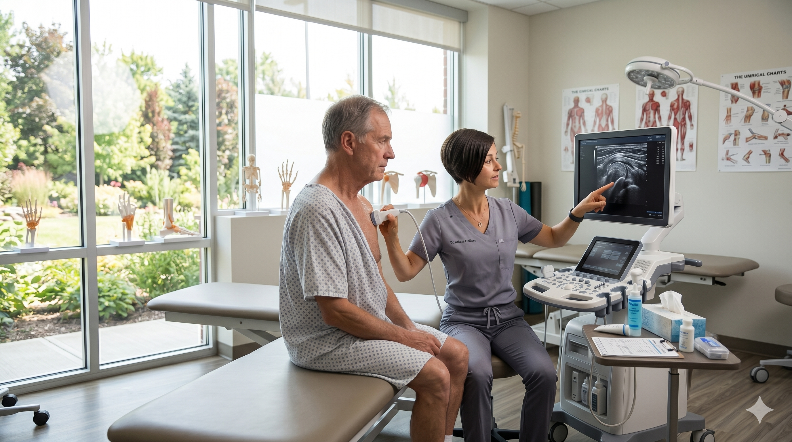 Orthopedic doctor consulting with a patient in a modern clinic while reviewing knee imaging on a digital tablet, illustrating knee pain treatment options including surgery and non-surgical therapies such as physical rehabilitation, in a clean, professional medical setting.