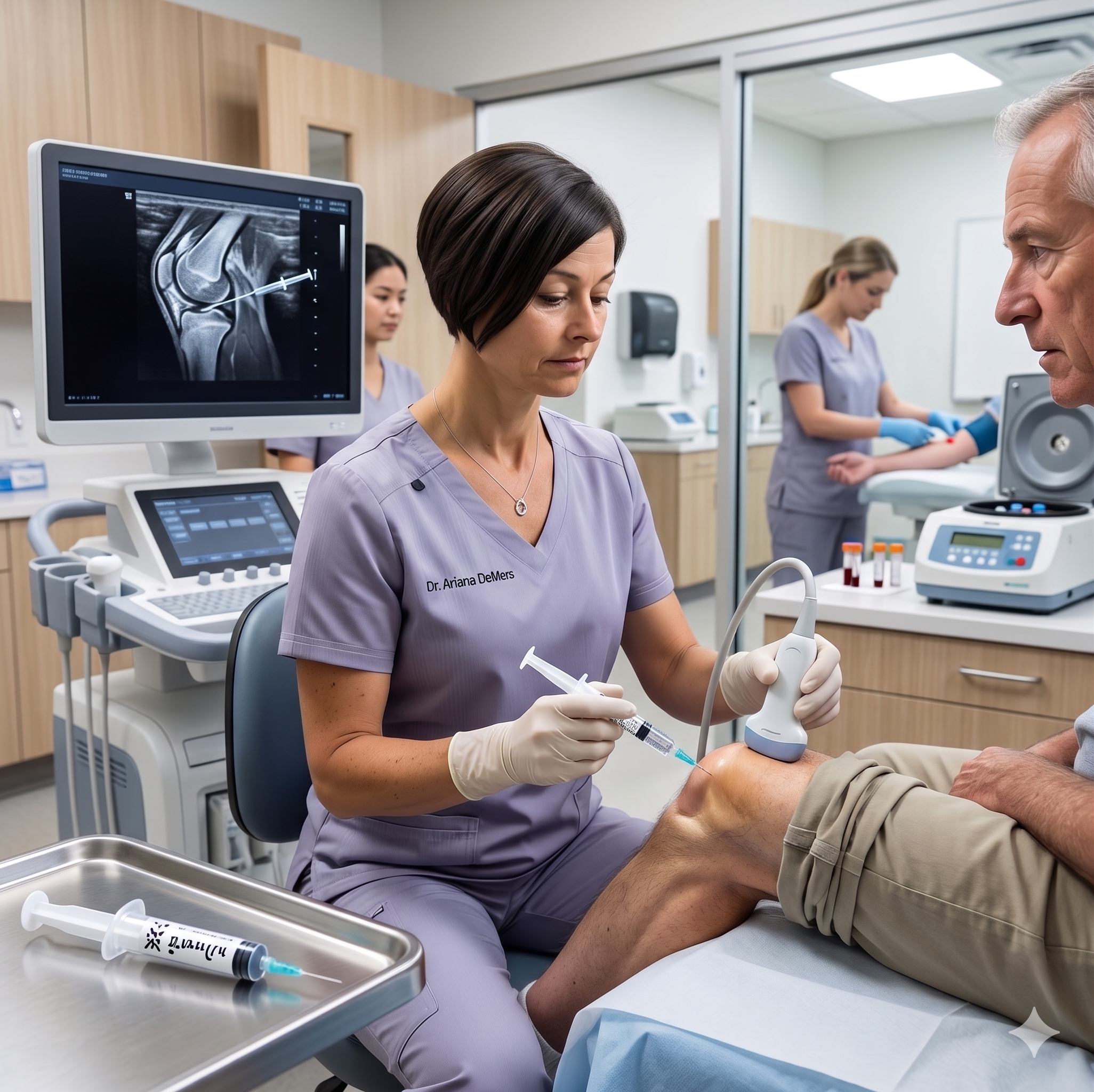 Dr. Ariana DeMers performing an ultrasound-guided knee injection at Joint Vitality Institute in Sonora, CA — board-certified regenerative orthopedic medicine
