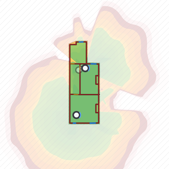 First floor coverage heatmap with access points correctly planned, showing strong green signal across nearly the entire property