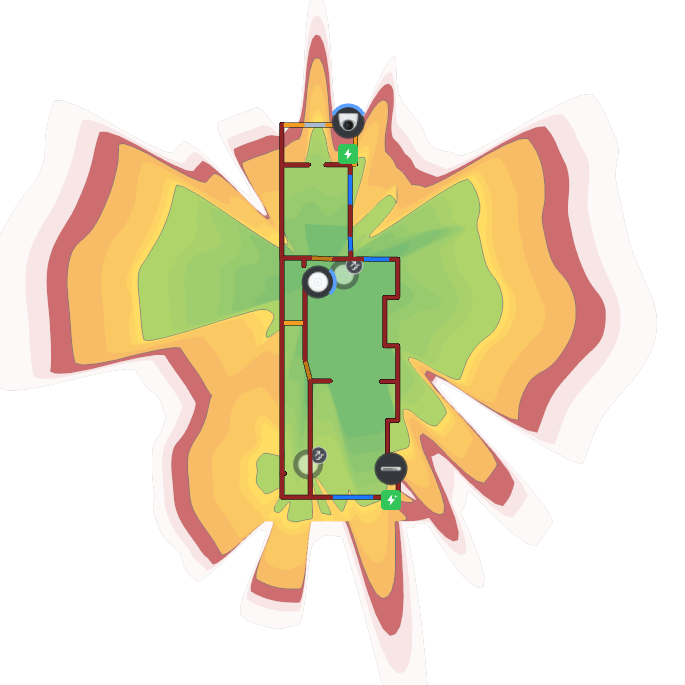 Ground floor coverage heatmap with access point correctly placed, showing strong green signal across the whole floor