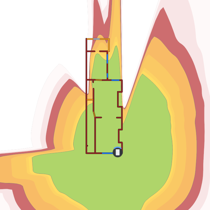 Ground floor coverage heatmap with access point poorly placed, showing only a small area of green signal and a long inefficient cable run