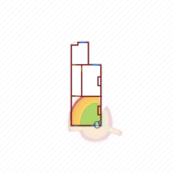 First floor coverage heatmap with a single access point placed in one corner, showing most of the property in weak yellow or red signal