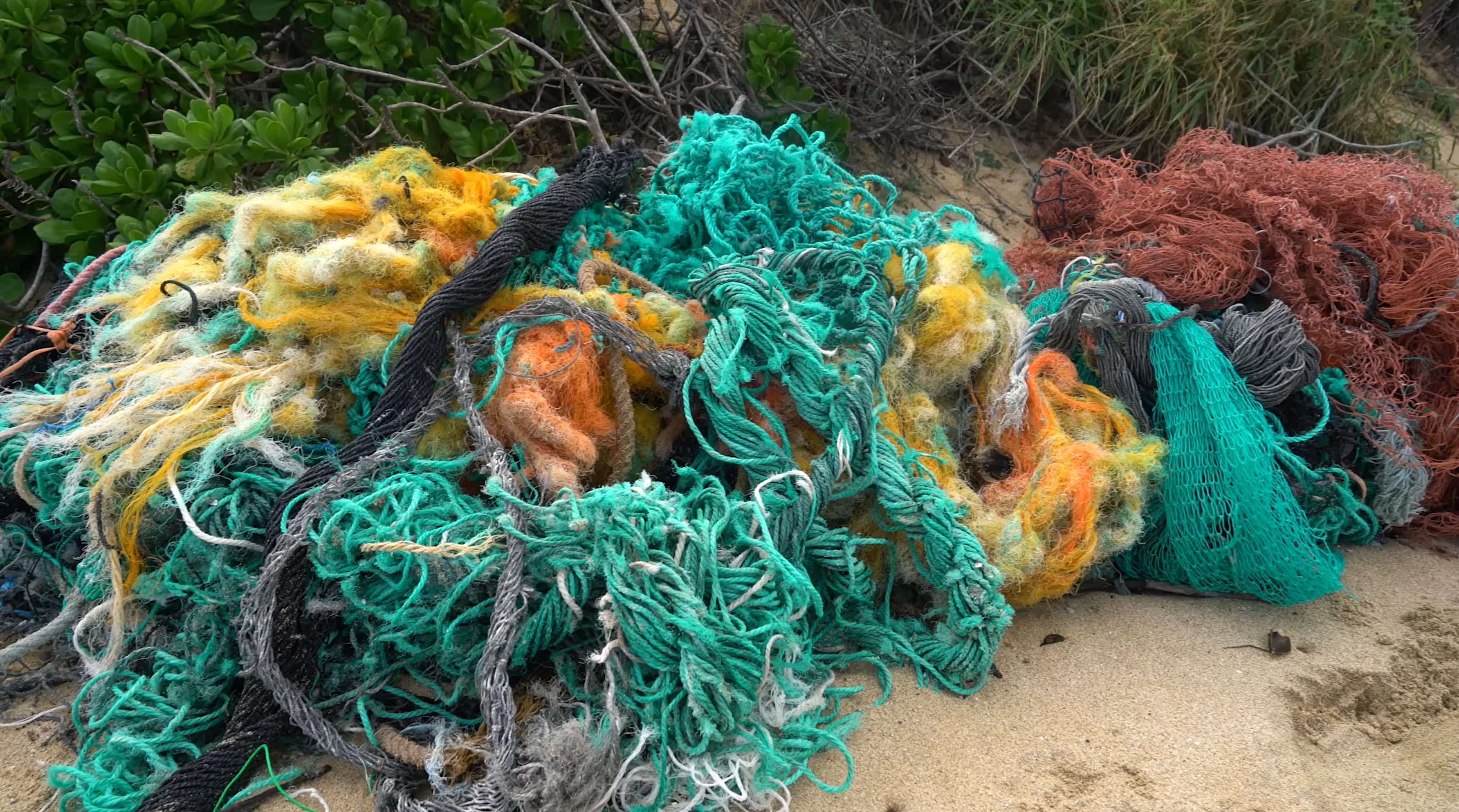 A discarded commercial fishing net "ghost net" found on a beach on Oahu, Hawaii